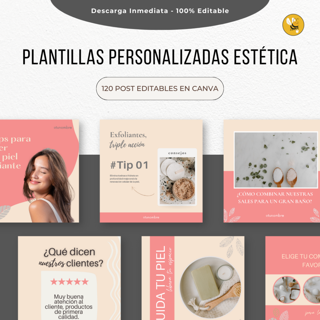 120 Creatividades para negocios de estética. Packs de creatividades editables para redes sociales.