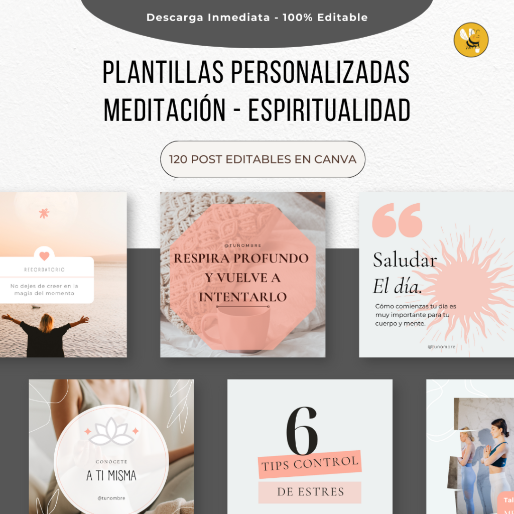 120 Creatividades meditación y espiritualidad. Packs de creatividades editables para redes sociales.