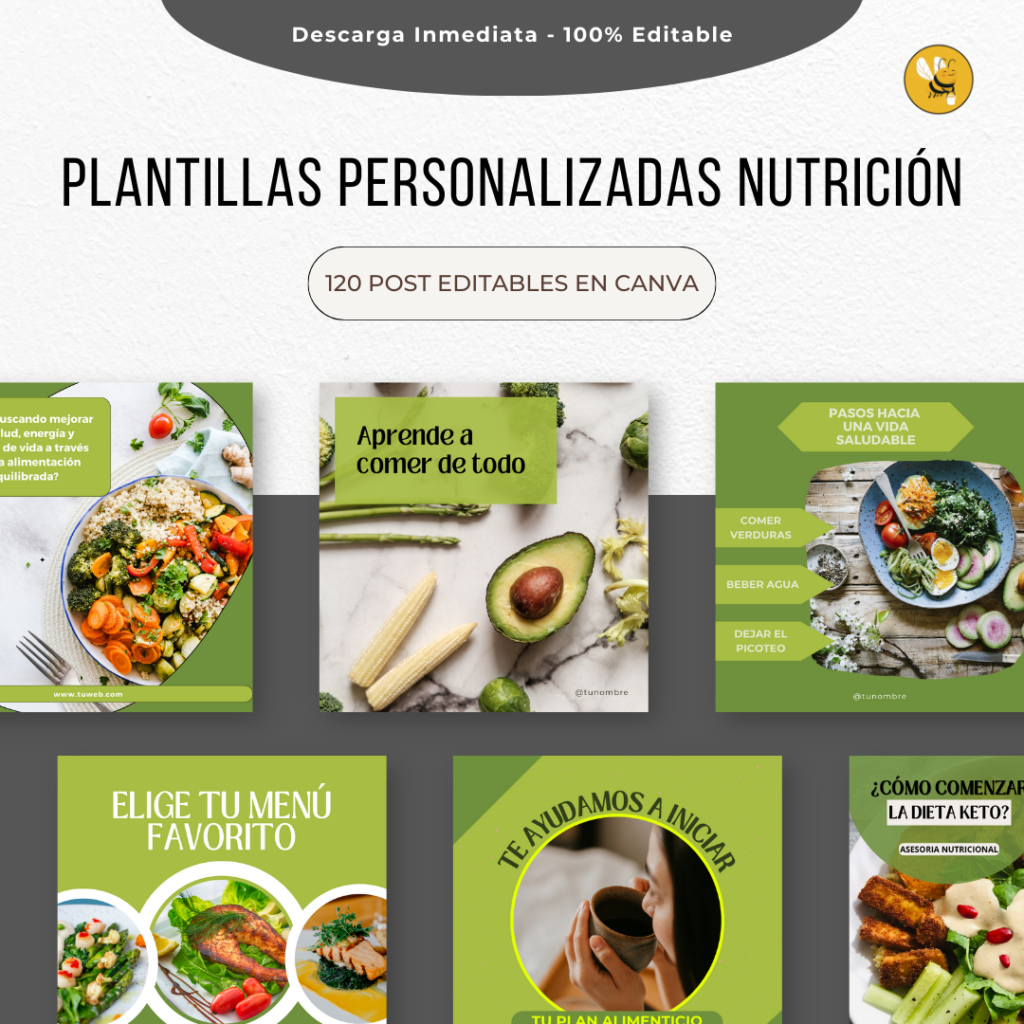 120 Creatividades para negocios de nutrición. Packs de creatividades editables para redes sociales.